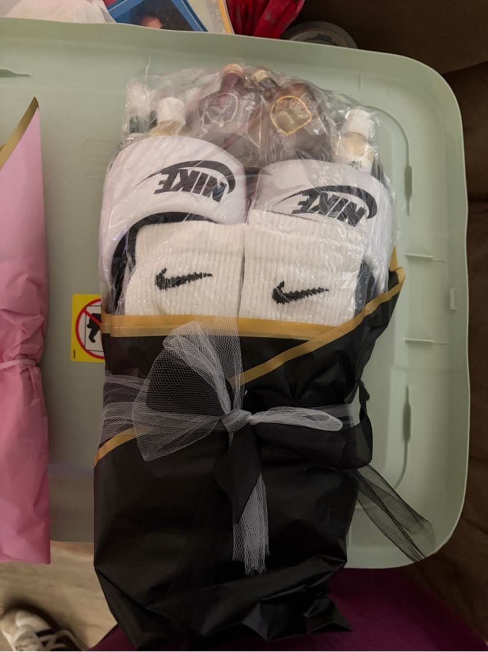 Nike White and Black Slide Sandals with White Nike Socks